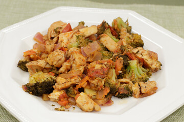 Cooked Chicken and Mixed Vegetables Meal on a White Plate