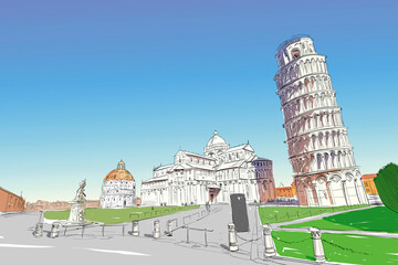 Pisa Cathedral. Leaning tower of Pisa. Pisa. Italy. Hand drawn sketch. Vector illustration.