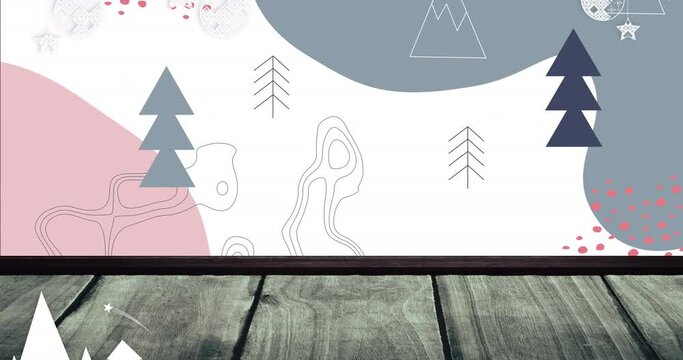 Animation of christmas trees and decorations over trees on white background