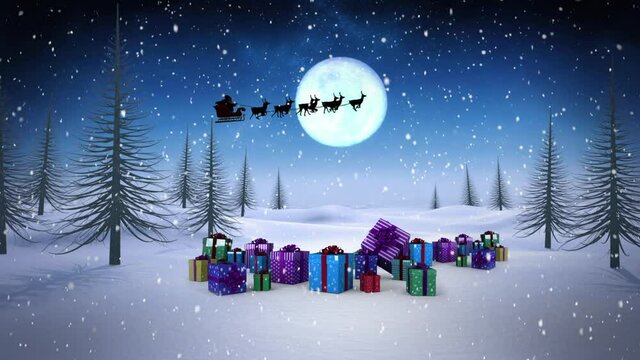 Animation of santa claus in sleigh with reindeer over snow falling, presents and winter landscape
