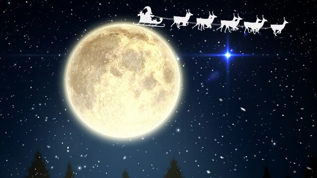 Animation of santa claus in sleigh with reindeer over snow falling and sky with moon