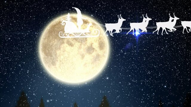Animation of santa claus in sleigh with reindeer over snow falling and sky with moon