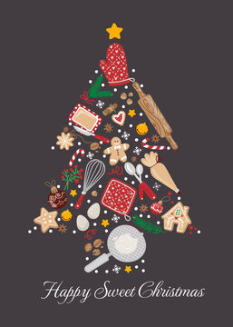 Christmas baking elements in christmas tree shape composition. Kitchen utensils,rolling pin,cookies.