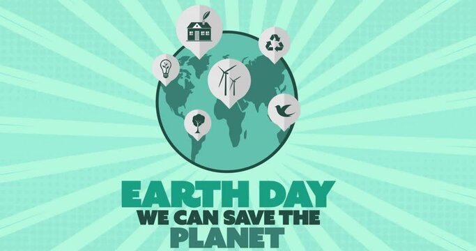 Animation of globe on green background and earth day writing