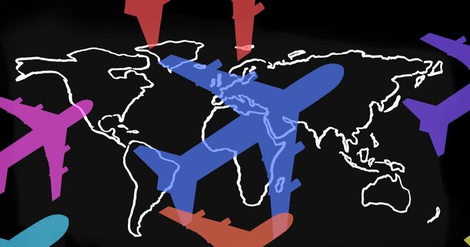 Animation of colorful planes flying over world map on black background