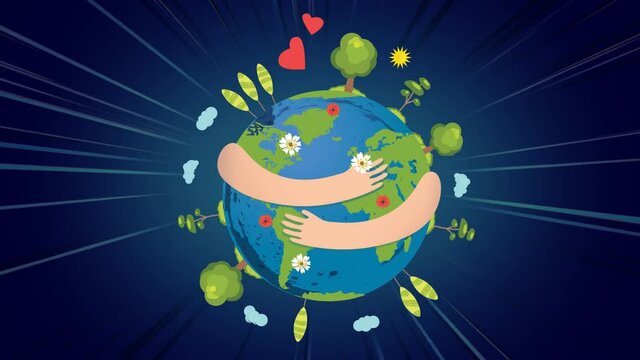 Animation of hands embracing globe in dark blue background