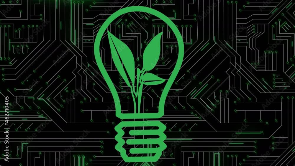 Poster animation of bulb with leaf inside over processor