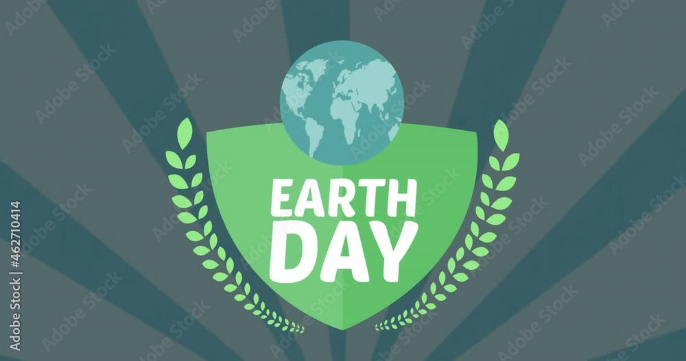 Poster animation of shield with globe and earth day on green background