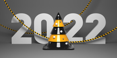 A decorated  road cone in the shape of a Christmas tree. 2022 New Year 3D render template on the road construction theme.