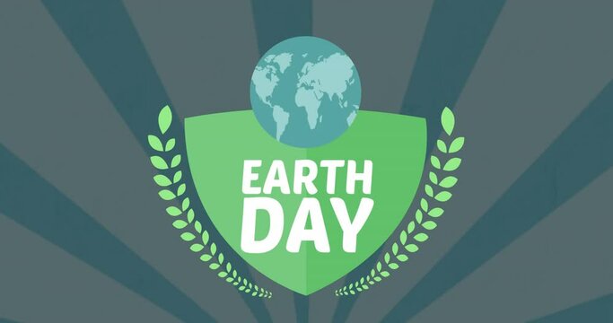 Animation of shield with globe and earth day on green background