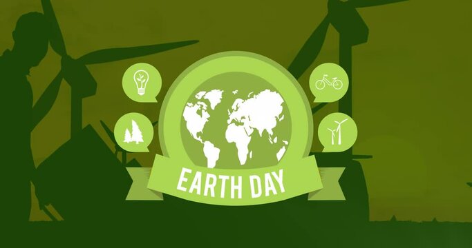 Animation of earth day and globe on green background with wind turbines