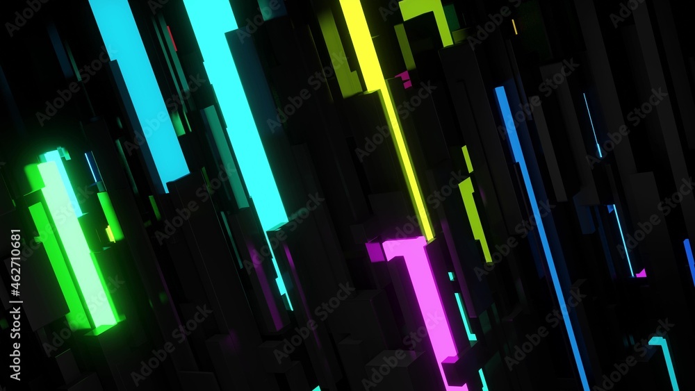 Poster 3d render. abstract dark background neon cubes light bulbs. visualisation of working ai bigdata or b