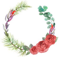 round frame for Christmas cards painted in watercolor with red roses and eucalyptus, as well as trees isolated on a white background