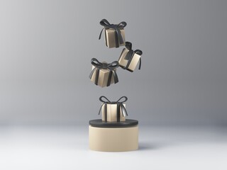 3d render of Christmas or birthday presents. Stage in white studio. Gift boxes in golden and black color. Copy space, minimal 