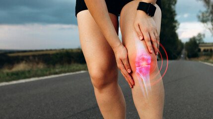  Joint  problems and tendon inflammation. Sporty woman who suffered a knee accident during the run....