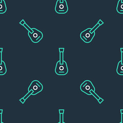 Line Guitar icon isolated seamless pattern on black background. Acoustic guitar. String musical instrument. Vector