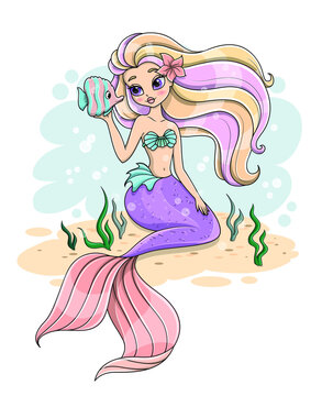 Cute little cartoon mermaid with fish in hand sitting on the underwater sand with her hair floating on the tide, cartoon vector illustration
