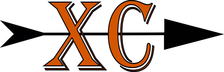 Orange XC letters for a cross country runners logo with black trim and a black arrow