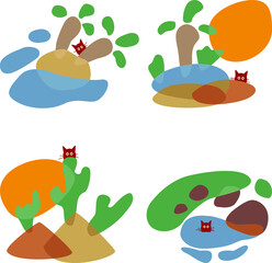 Abstract Set of Vector Pictures With Nature and Cats