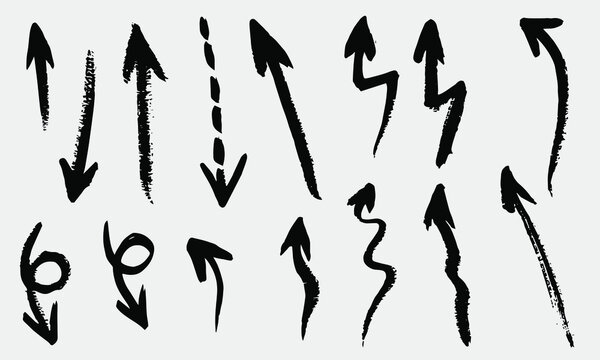 Grunge vector arrows. Dry brush strokes, hand drawn