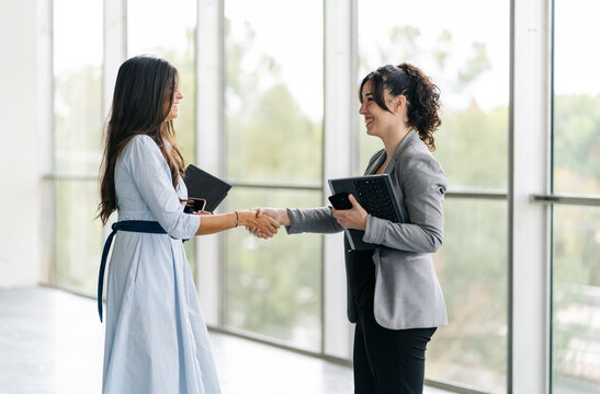Two happy businesswomen shaking hands at the window