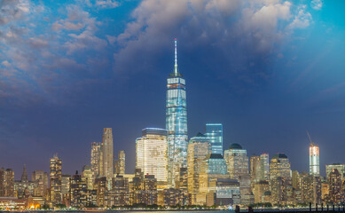 Lower Manhattan night skyline. View from Jersey City