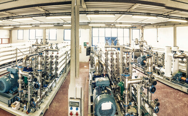 Machinery for Water Treatment Plant, panoramic aerial view of warehouse