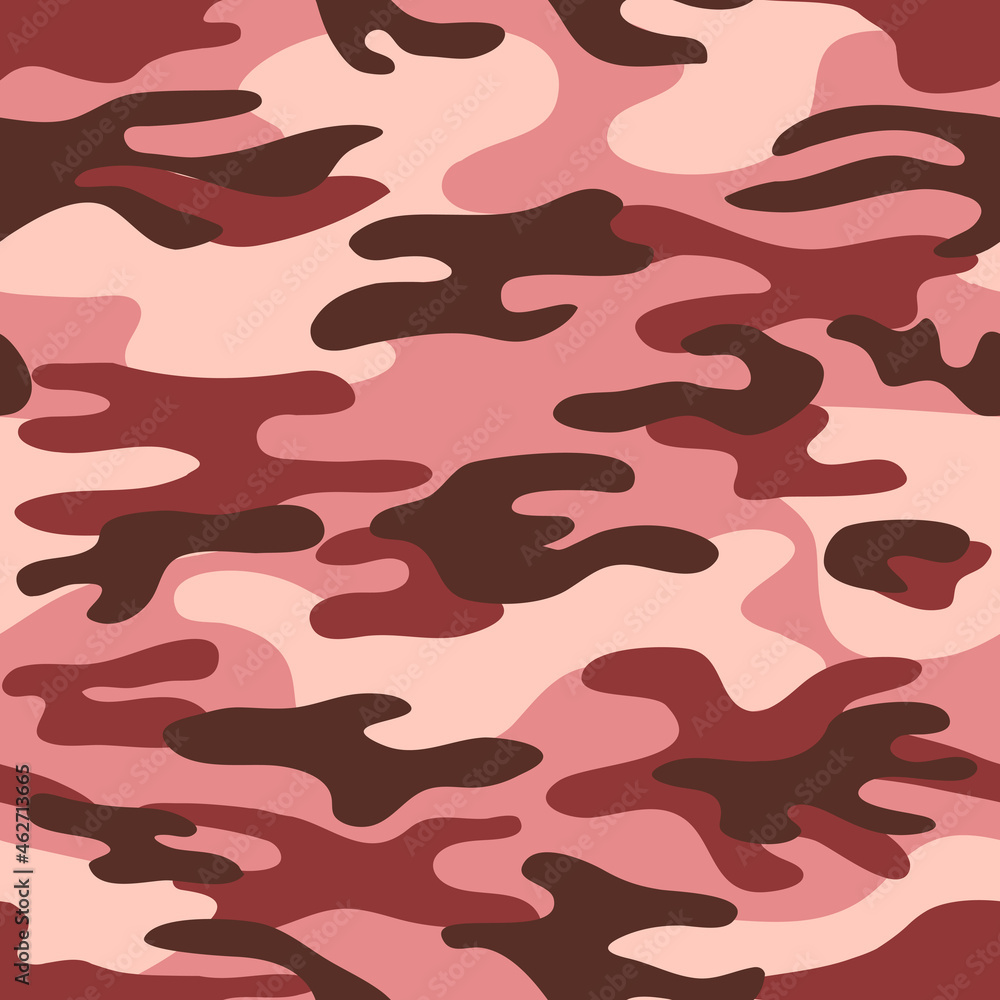 Wall mural Seamless classic camouflage pattern. Camo fishing hunting vector background. Masking red brown pink color military texture wallpaper. Army design for fabric paper vinyl print