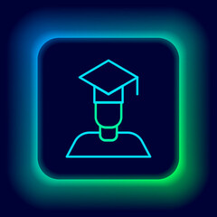 Glowing neon line Graduate and graduation cap icon isolated on black background. Colorful outline concept. Vector