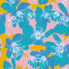 Fototapeta na wymiar Seamless pattern with blue flowers on yellow background. Botanical and flower background in summer style.