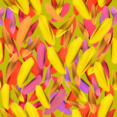Seamless pattern with pink and yellow leaves on green background
