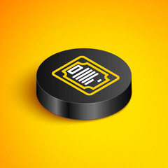Isometric line Certificate template icon isolated on yellow background. Achievement, award, degree, grant, diploma concepts. Black circle button. Vector
