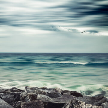 France, Normandy, Port-Bail-sur-Mer, Long exposure of rocky sea shore