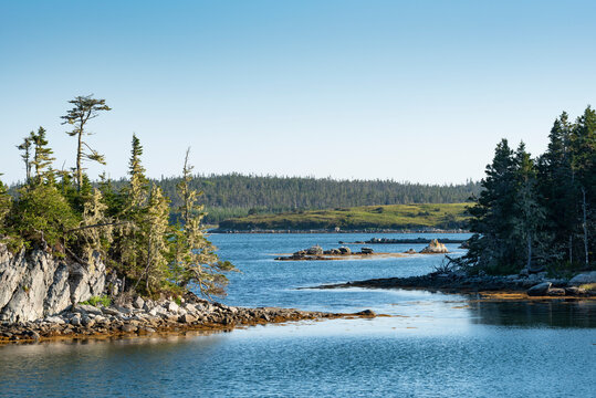 Canada, Nova Scotia, Mitchell Bay, Clear sky over small forested islands