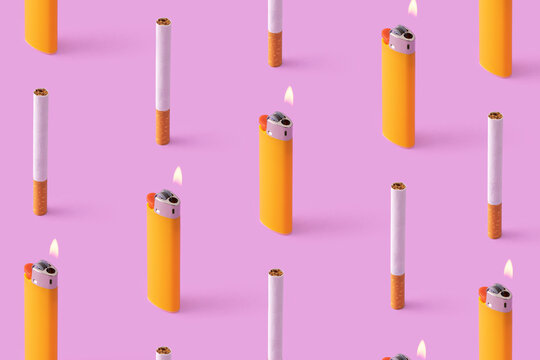 Rows of cigarettes and burning lighters on purple background