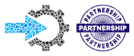 Geometric collage cog integration, and Partnership textured seal imitation. Violet stamp seal contains Partnership text inside circle form.