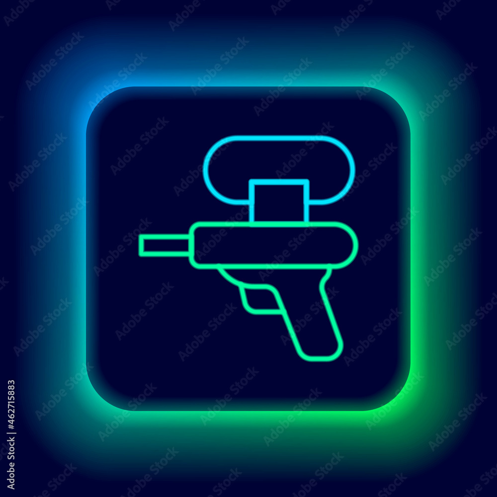 Poster Glowing neon line Water gun icon isolated on black background. Colorful outline concept. Vector