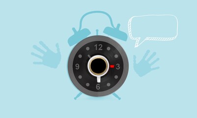 Creative composition with drawn alarm clock and cups of coffee