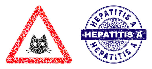Geometric mosaic cat warning, and Hepatitis A corroded stamp seal. Blue stamp seal includes Hepatitis A caption inside round form. Vector cat warning mosaic is formed from randomized circle, triangle,