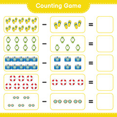Counting game, count the number of Sunglasses, Flip Flop, Watches, Camera, Lifebuoy and write the result. Educational children game, printable worksheet, vector illustration