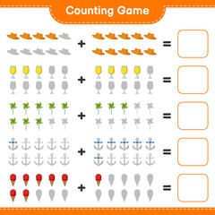 Counting game, count the number of Summer Hat, Cocktail, Pinwheels, Anchor, Ice Cream and write the result. Educational children game, printable worksheet, vector illustration