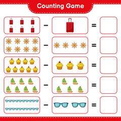 Counting game, count the number of Ship Steering Wheel, Cup Cake, Sailboat, Sunglasses, Travel Bag and write the result. Educational children game, printable worksheet, vector illustration