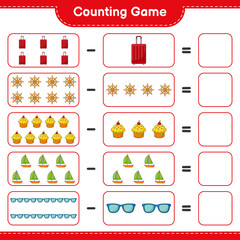 Fototapeta premium Counting game, count the number of Ship Steering Wheel, Cup Cake, Sailboat, Sunglasses, Travel Bag and write the result. Educational children game, printable worksheet, vector illustration