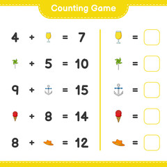 Counting game, count the number of Summer Hat, Cocktail, Pinwheels, Anchor, Ice Cream and write the result. Educational children game, printable worksheet, vector illustration
