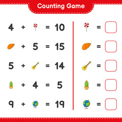 Counting game, count the number of Sea Shells, Ukulele, Cactus, Globe, Candy and write the result. Educational children game, printable worksheet, vector illustration