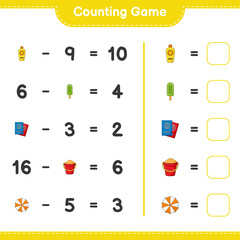 Counting game, count the number of Sunscreen, Ice Cream, Passport, Sand Bucket, Beach Umbrella and write the result. Educational children game, printable worksheet, vector illustration
