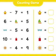 Counting game, count the number of Ship Steering Wheel, Cup Cake, Sailboat, Sunglasses, Travel Bag and write the result. Educational children game, printable worksheet, vector illustration