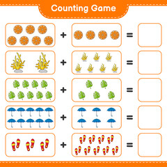 Counting game, count the number of Orange, Coral, Monstera, Umbrella, Flip Flop and write the result. Educational children game, printable worksheet, vector illustration