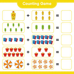 Counting game, count the number of Sunscreen, Ice Cream, Passport, Sand Bucket, Beach Umbrella and write the result. Educational children game, printable worksheet, vector illustration