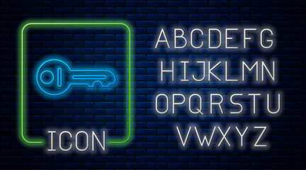 Glowing neon Old key icon isolated on brick wall background. Neon light alphabet. Vector